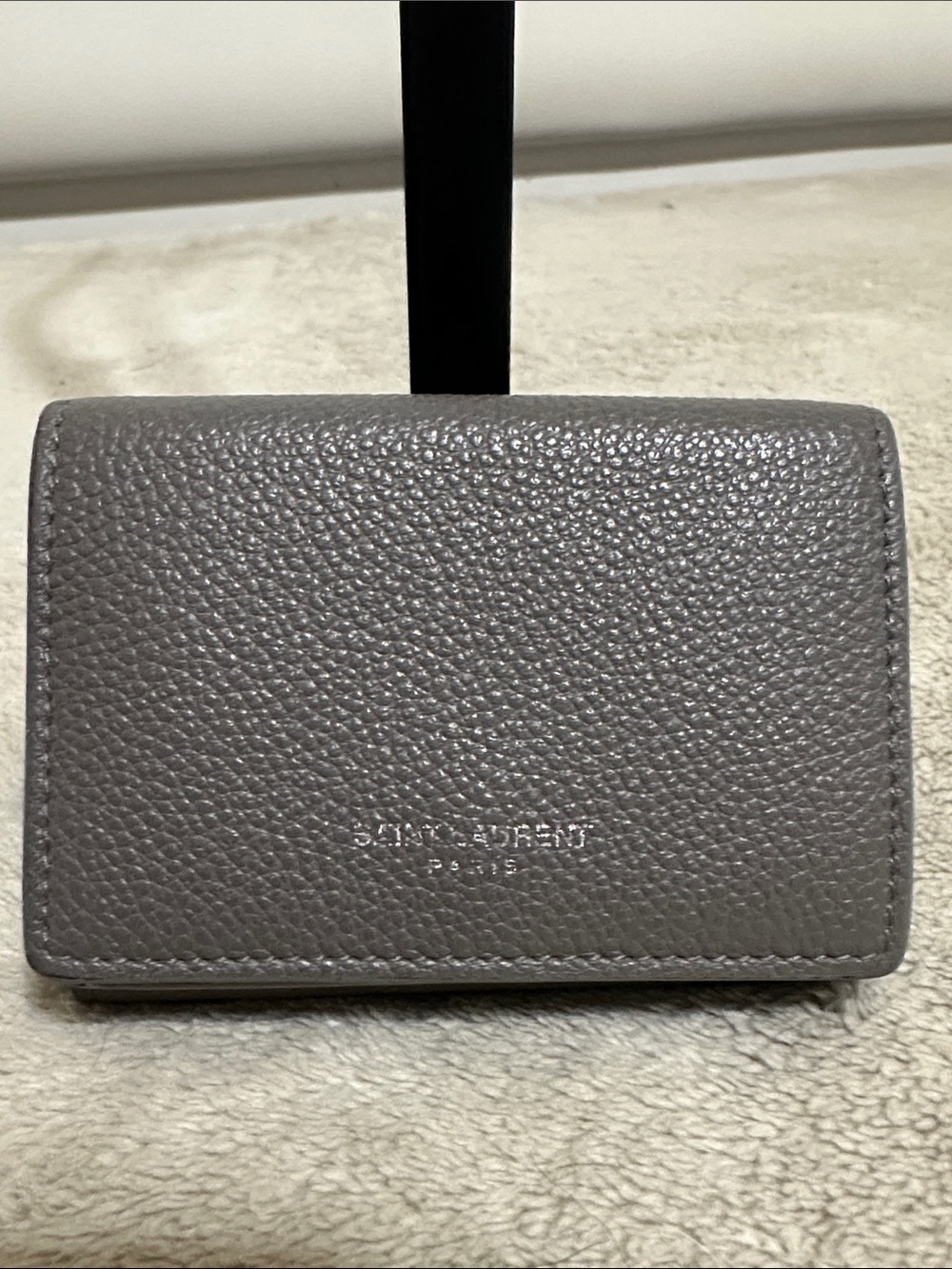 Saint Laurent Pebbled Leather Card Case in Taupe Gray